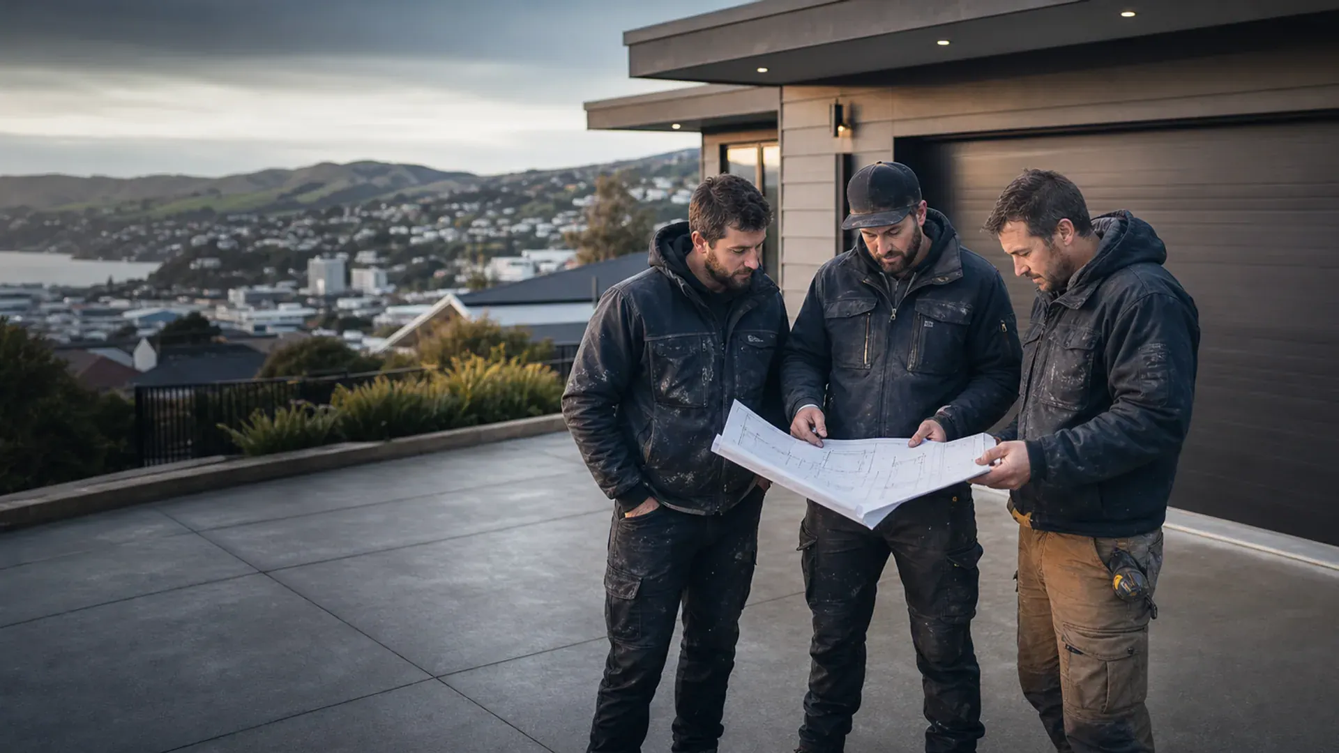 Dunedin concrete contractors reviewing plans beside a finished driveway
